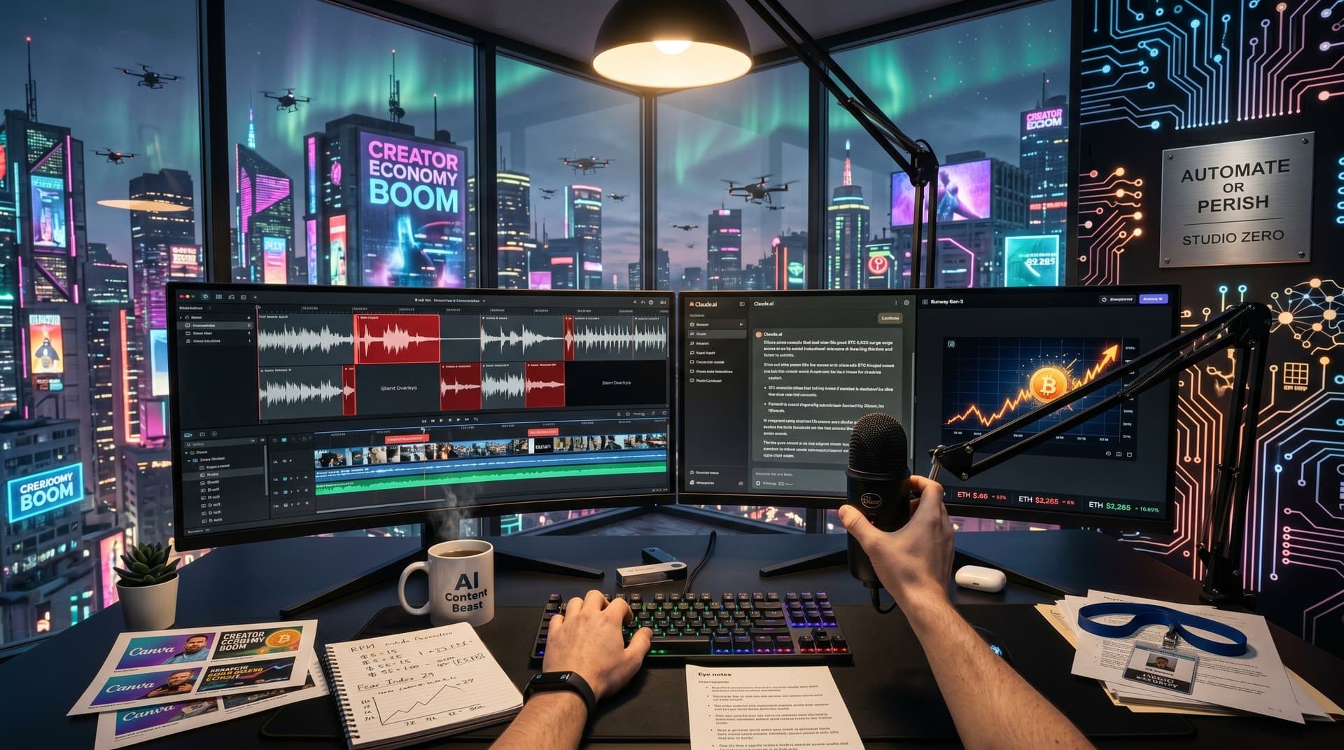 Creator studio with AI tools on monitors generating content amid crypto charts