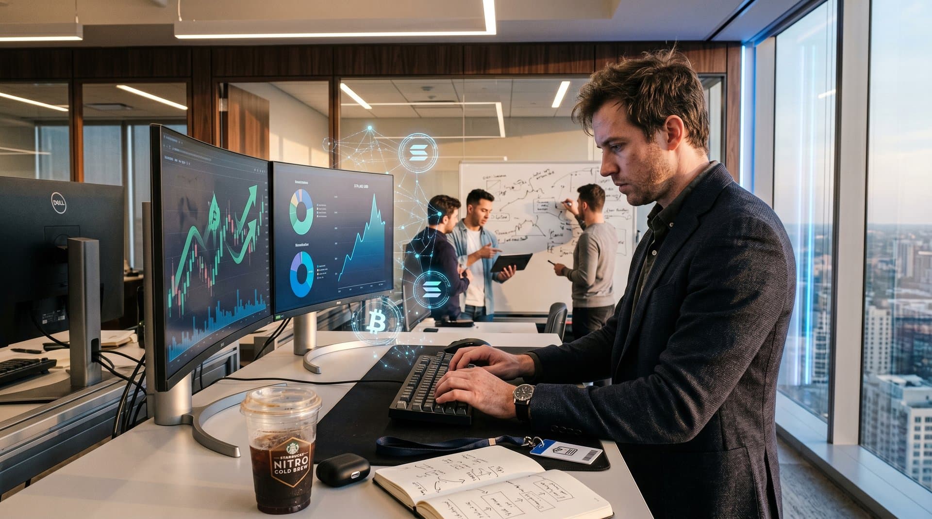 Creator workspace with AI dashboards showing crypto payments, Solana flows, and BTC charts on dual monitors