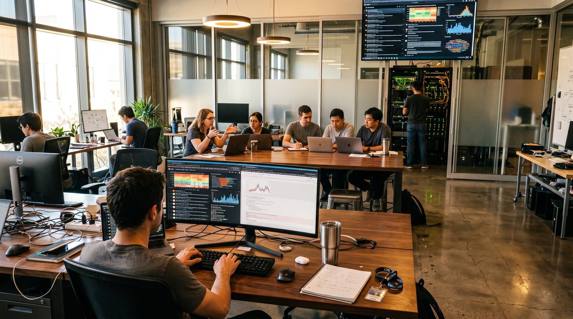 AI lab monitors visualize Reddit subreddit data analysis amid collaborative tech workspace with servers and sunlight