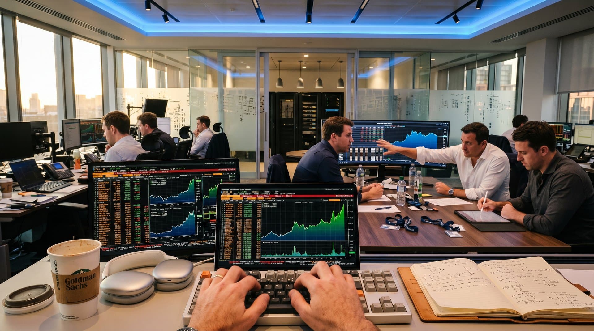 Traders at Bloomberg terminals on Goldman Sachs floor monitor Dogecoin charts amid multi-screen setups and market data displays