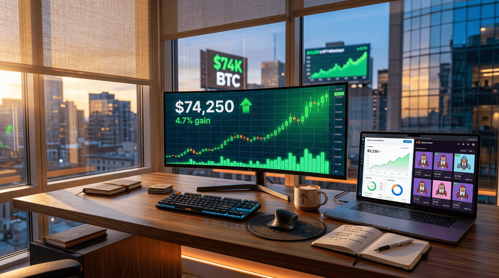 Bitcoin Surges to 74K Rally: Creators Earn 50% Affiliates, $127K NFTs