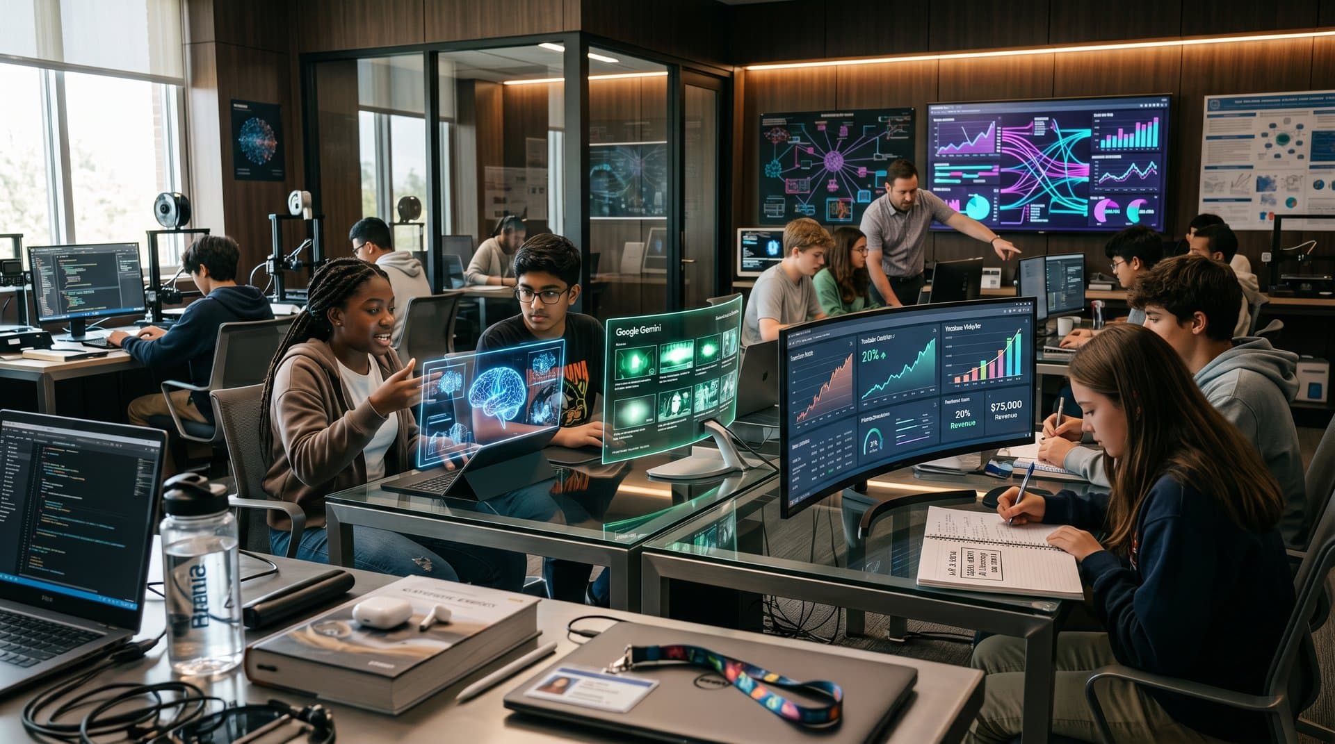 Futuristic classroom with OpenAI ChatGPT, Google Gemini, Microsoft Copilot holograms generating creator content, neural networks, and AI literacy bill visuals