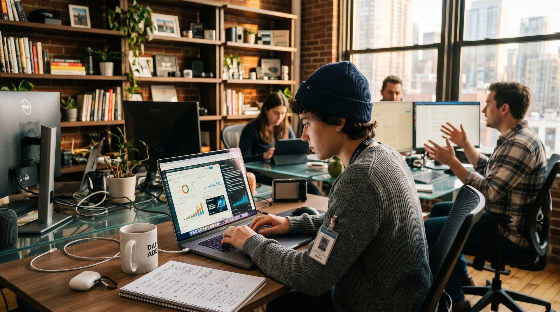 Creator desk with Databricks analytics, Perplexity search, CoreWeave renders, and revenue charts in modern loft office
