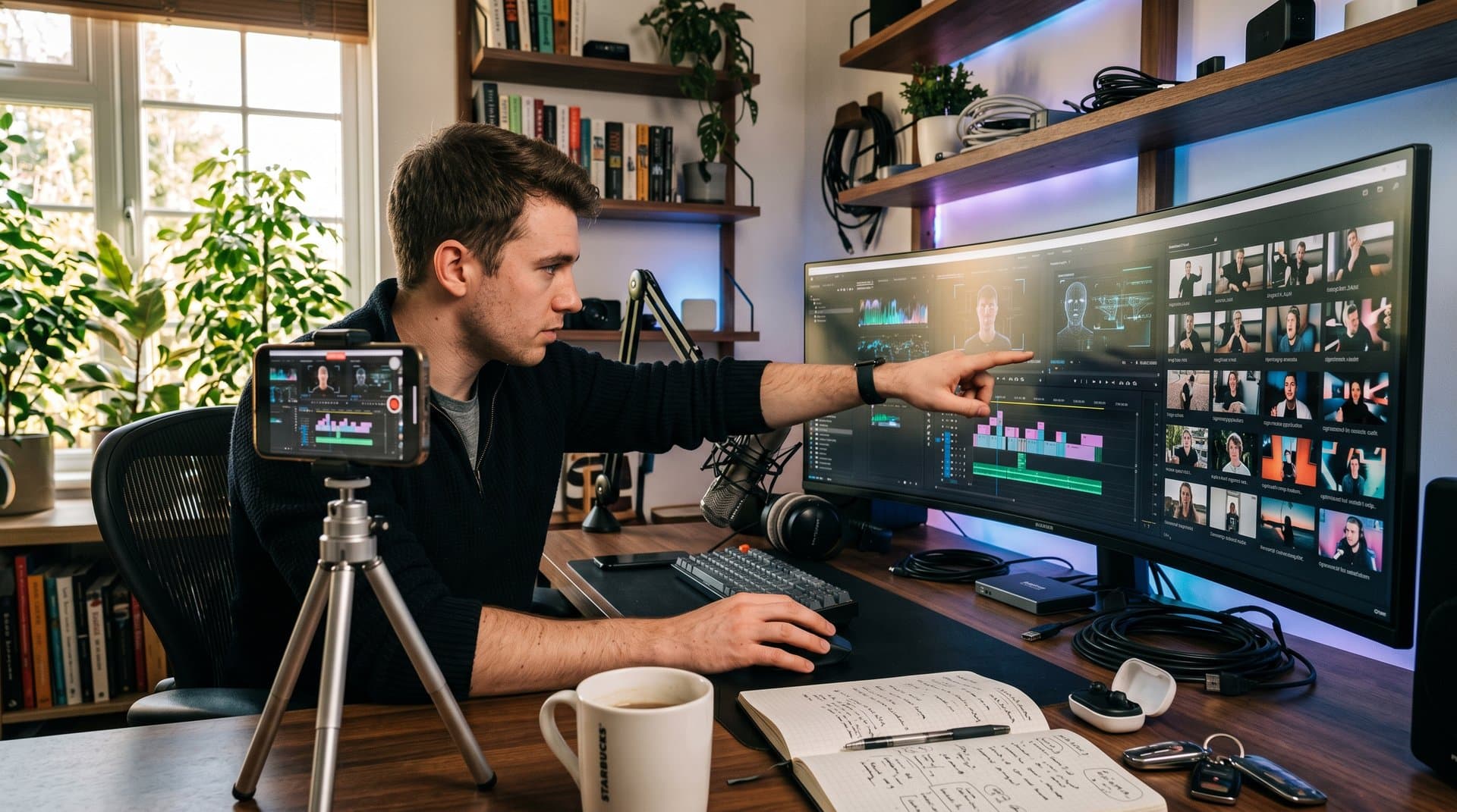AI video editing interface on monitor showing timelines, scripts, and thumbnails in creator home office setup