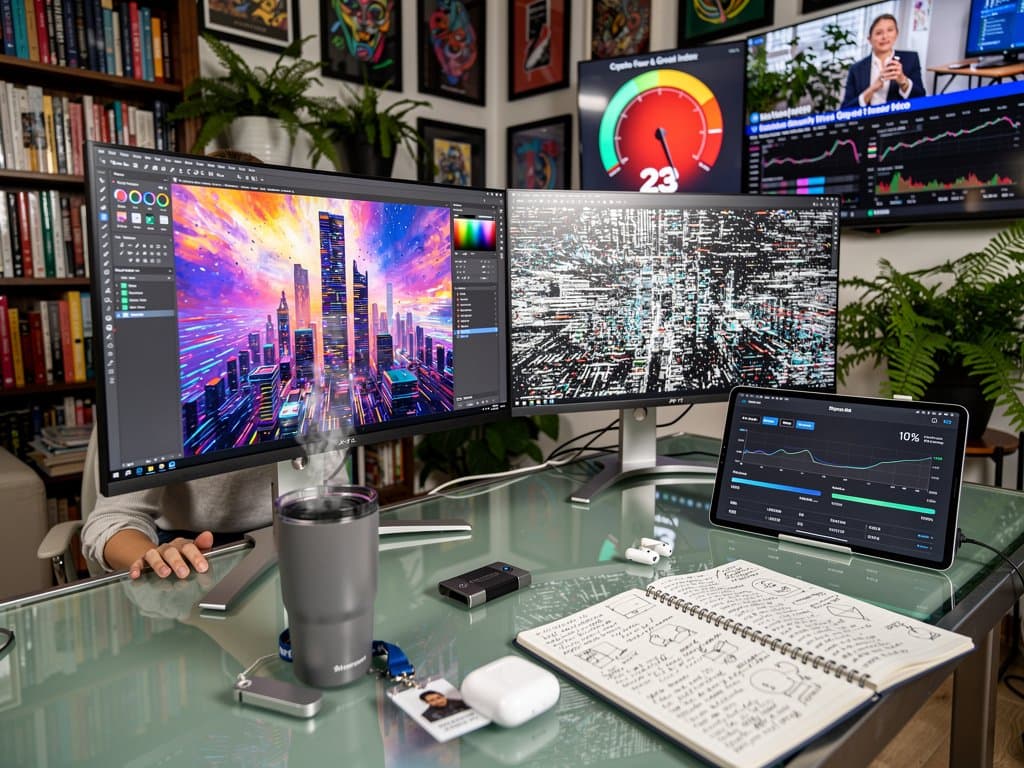 Artist protects digital artwork from AI IP theft using watermarking software and blockchain NFT minting amid Fear & Greed charts