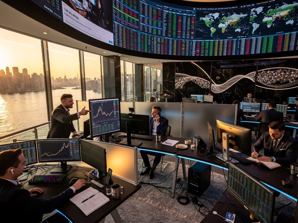 Trading terminals display BTC at $74,728 charts, Fear & Greed at 23, and crypto tickers on a modern finance floor