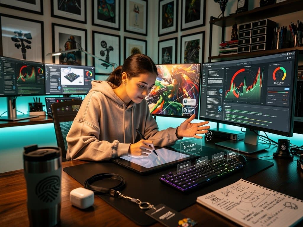 Creator studio with monitors showing watermarked art, crypto charts, and IP protection tools against AI theft