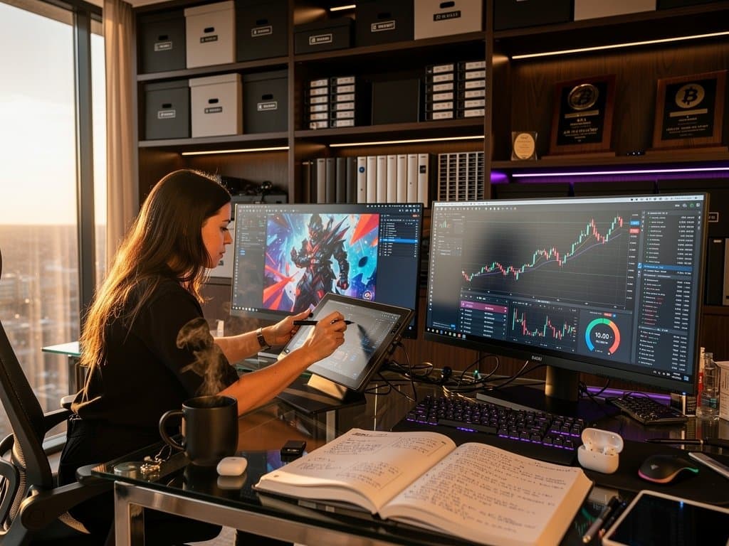 Creator desk with watermarked digital art, NFT blockchain screen, BTC chart and Fear Index amid modern office setup