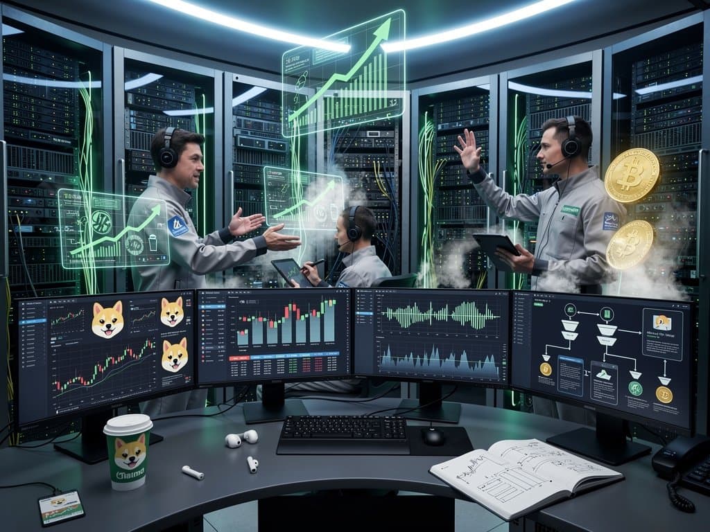 Engineers monitor Dogecoin surge charts on multi-screen workstations amid glowing server racks in a high-security Tier IV data center