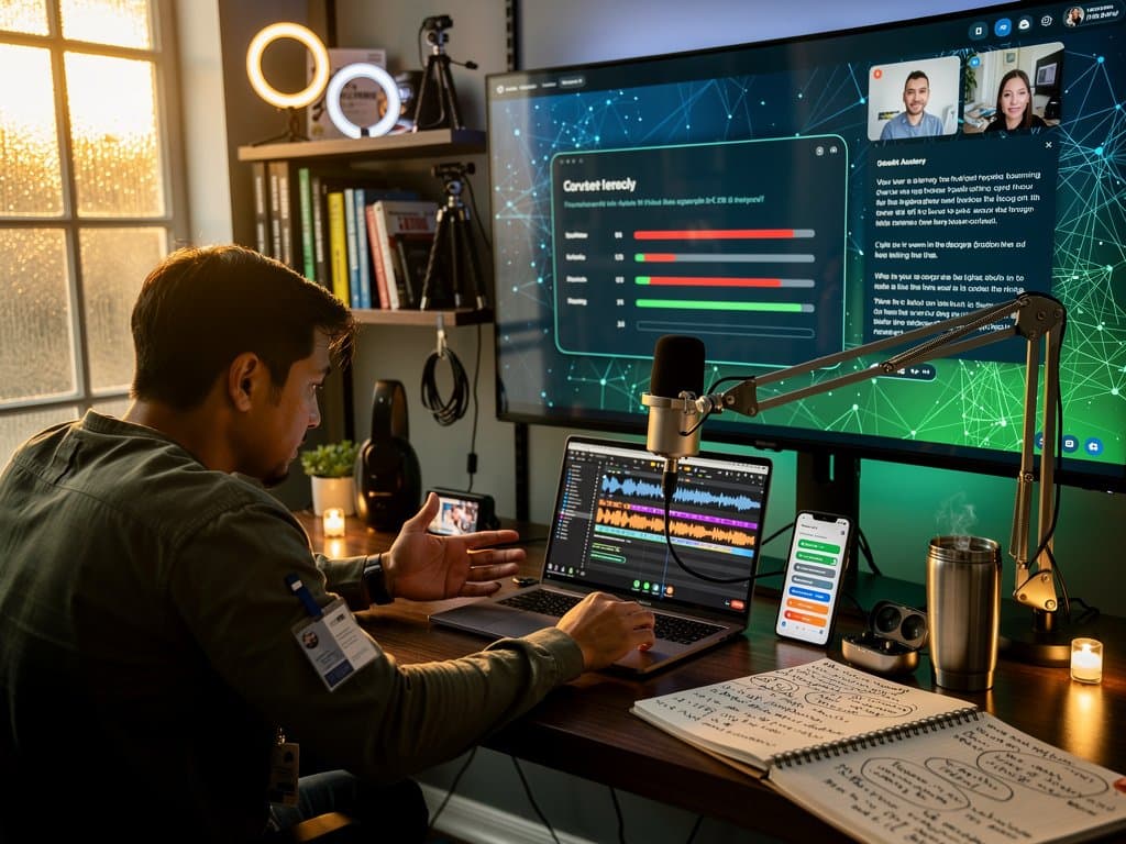 Creator studio setup with AI interview tools, microphone, and production screens