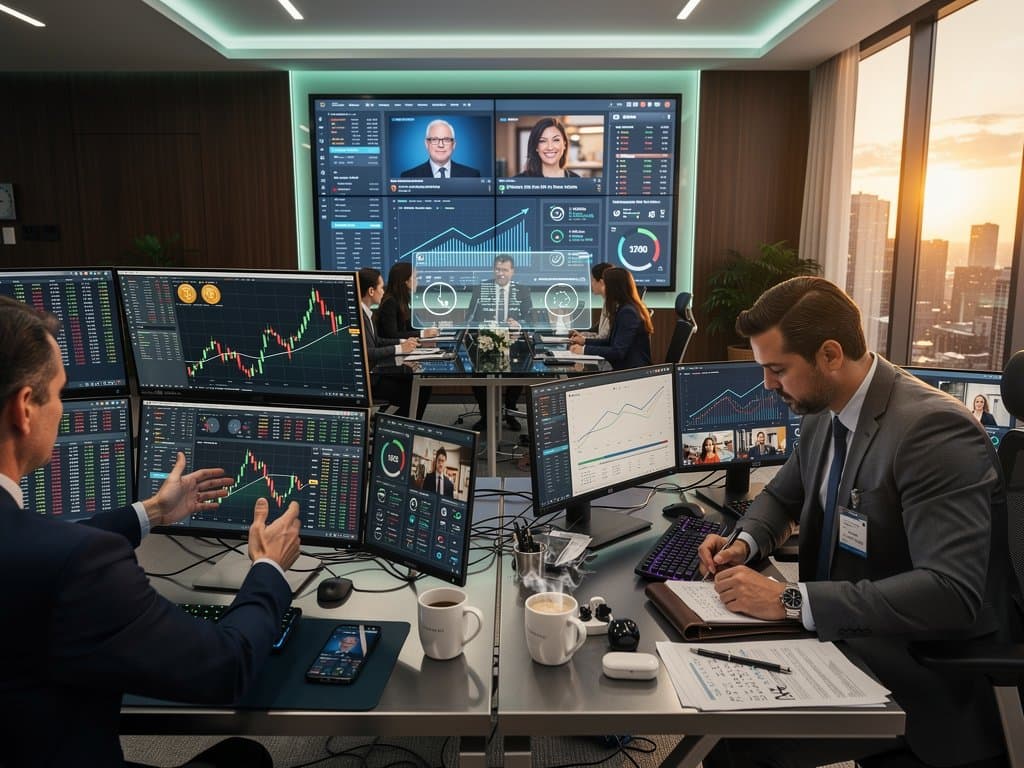 Wealth management screens display BTC $74K, Fear 23, AI dashboards in modern office setup