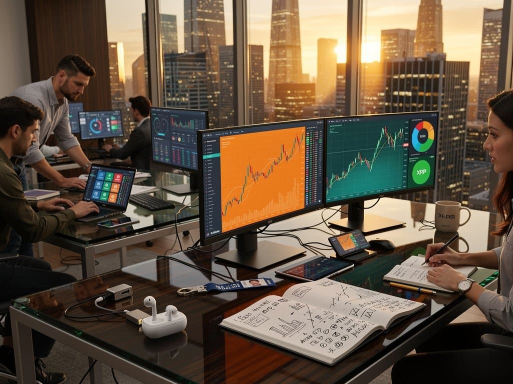 Creators workspace with OpenAI and Anthropic screens showing AI tools, crypto charts, and marketing outputs in modern office