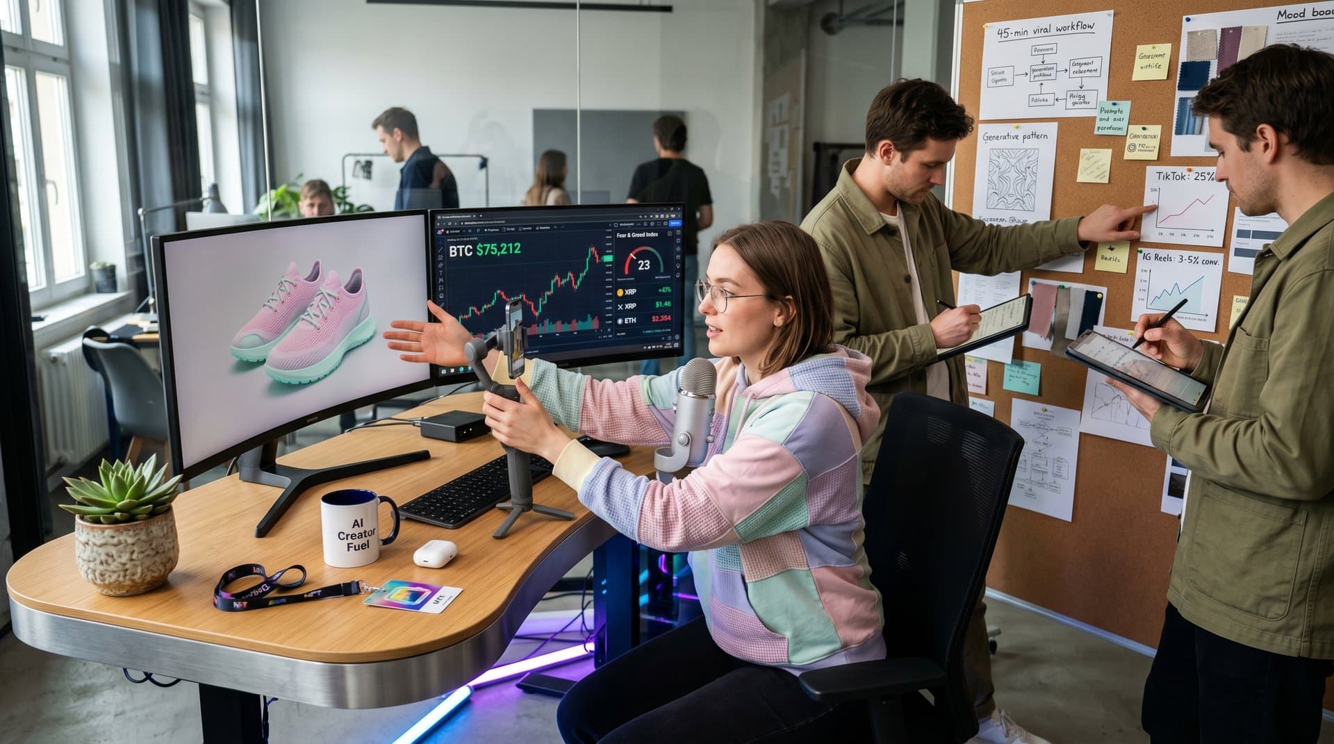 Creator studio setup with AI sneaker designs and crypto charts on monitors amid production gear