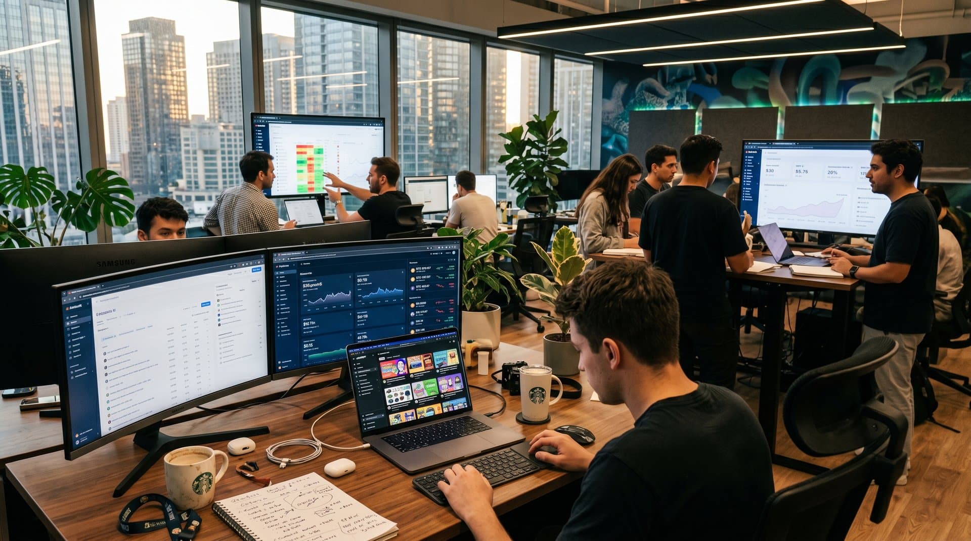 Creators collaborate on enterprise AI tools like OpenAI and Anthropic in a modern office with dashboards and workflow integrations