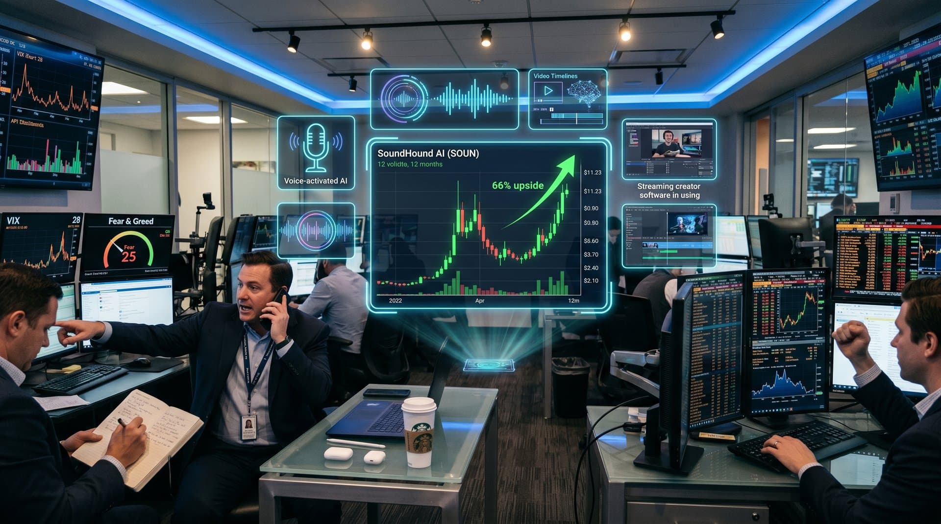 Surging AI stock chart with creator tools icons and growth projections on futuristic dashboard