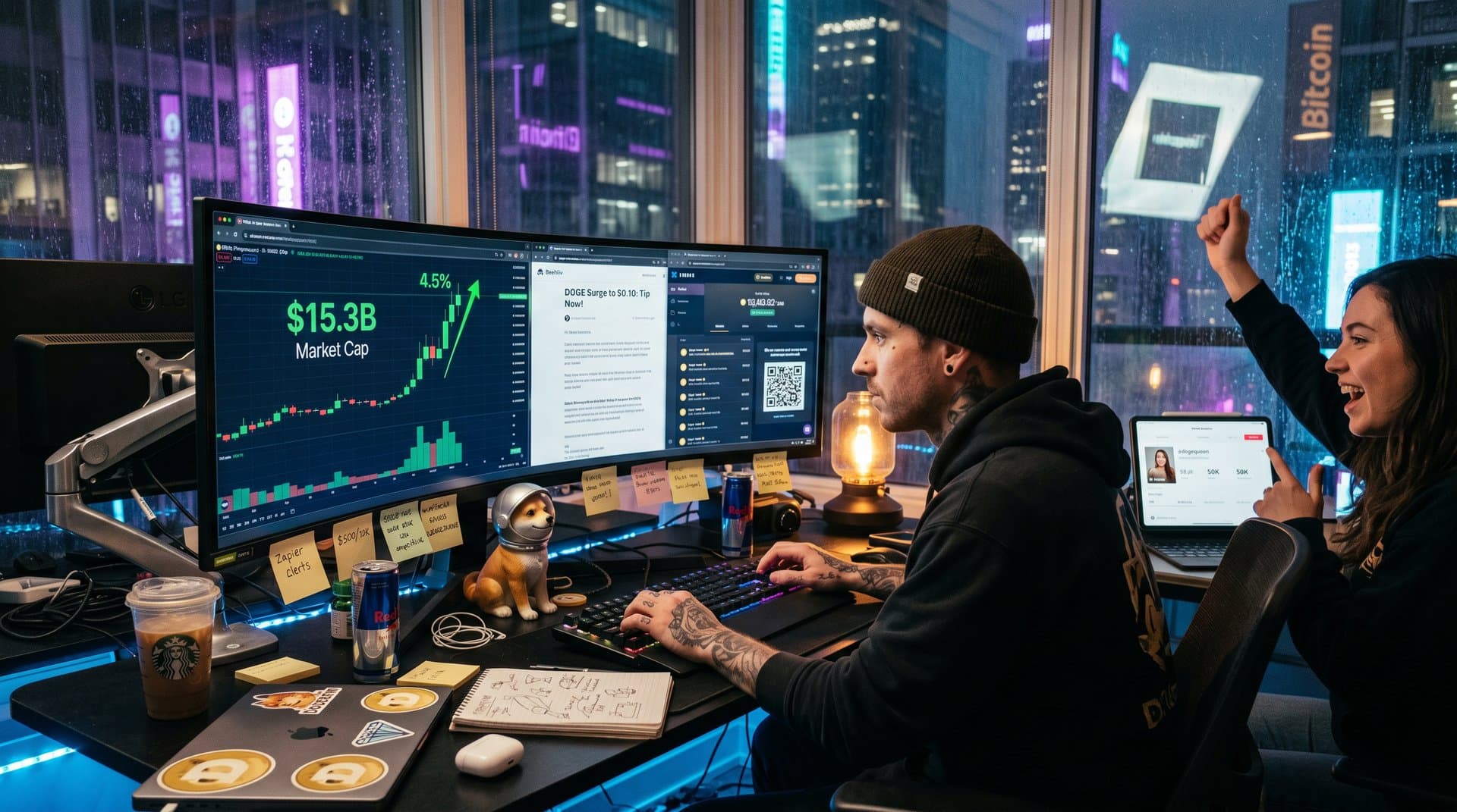 Creator desk monitors Dogecoin surge to $0.10, crypto tips, newsletters, and meme tools in high-tech workspace