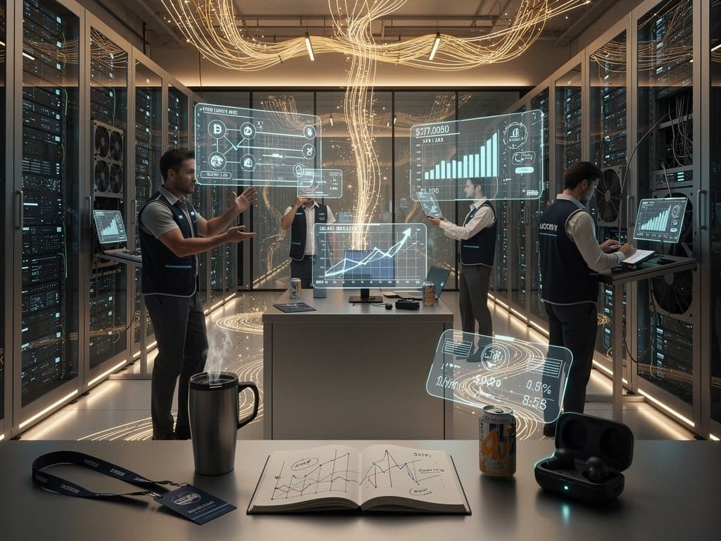 Abstract data center with glowing AI inference visuals, crypto charts, and edge computing flows for creator agent tools (92 chars)