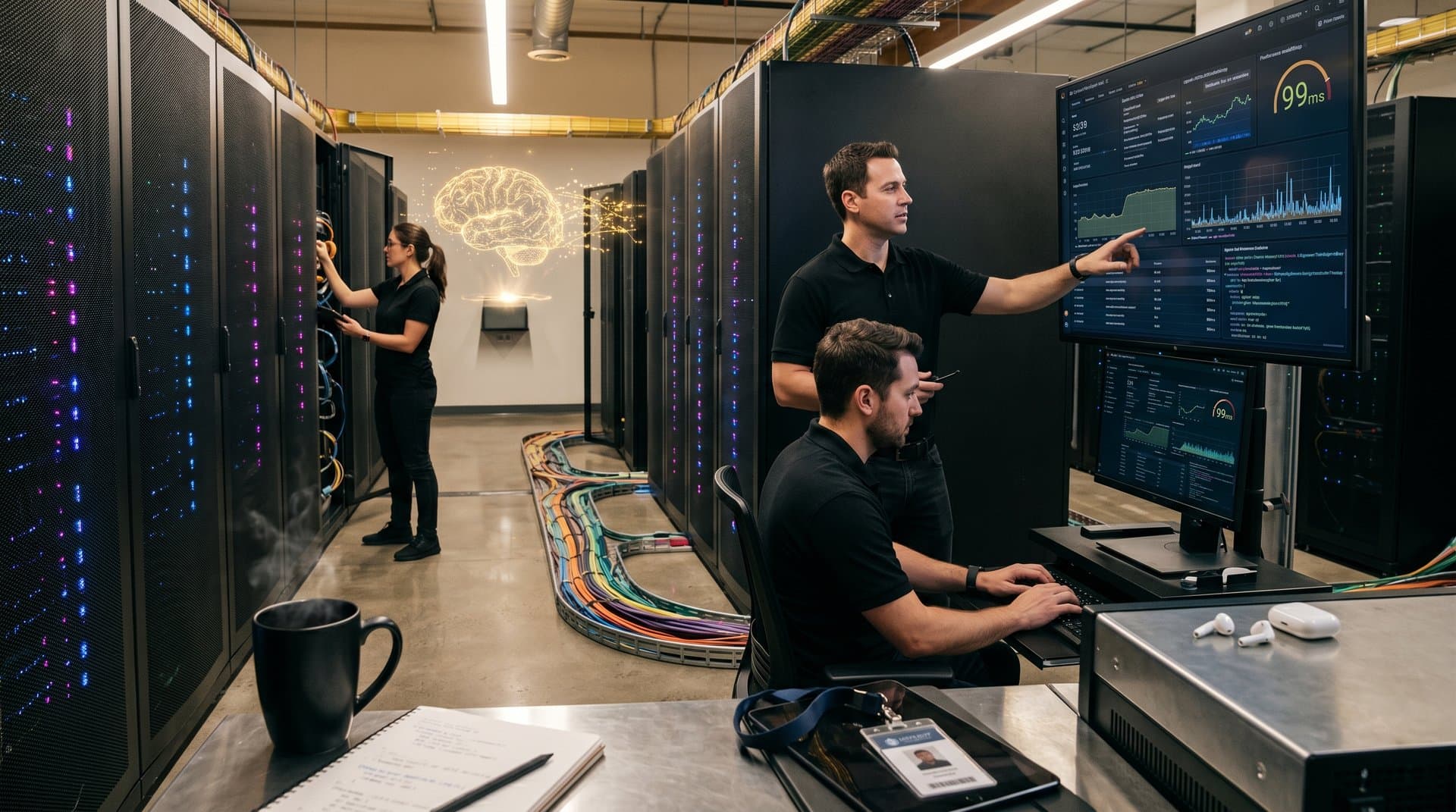 Data center server racks with AI graphs, BTC $74,747 charts, fiber cables, neural holograms in Cloudflare style