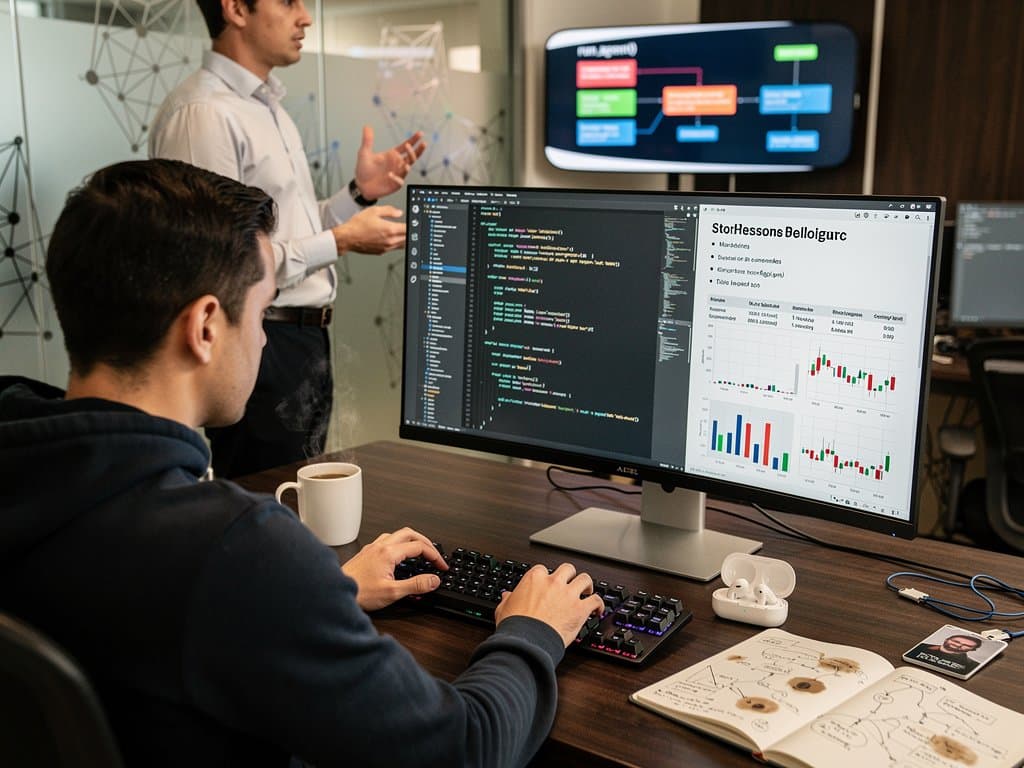 Tech desk setup with dual monitors showing Markdown code and rendered preview including crypto charts, server racks and workflow diagrams in modern office background