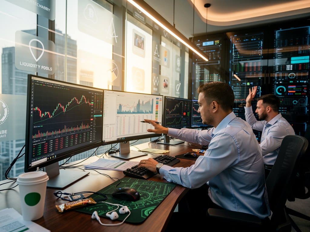 Trading floor with Bloomberg terminals showing BTC $74,663, Fear Index 21, KuCoin NFTs, and crypto charts in high-tech setup