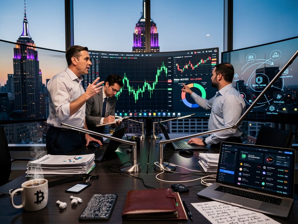 Screens display FOMC 2026 rate cuts, BTC at $74K, KuCoin NFTs, Fear & Greed at 21 on trading desk