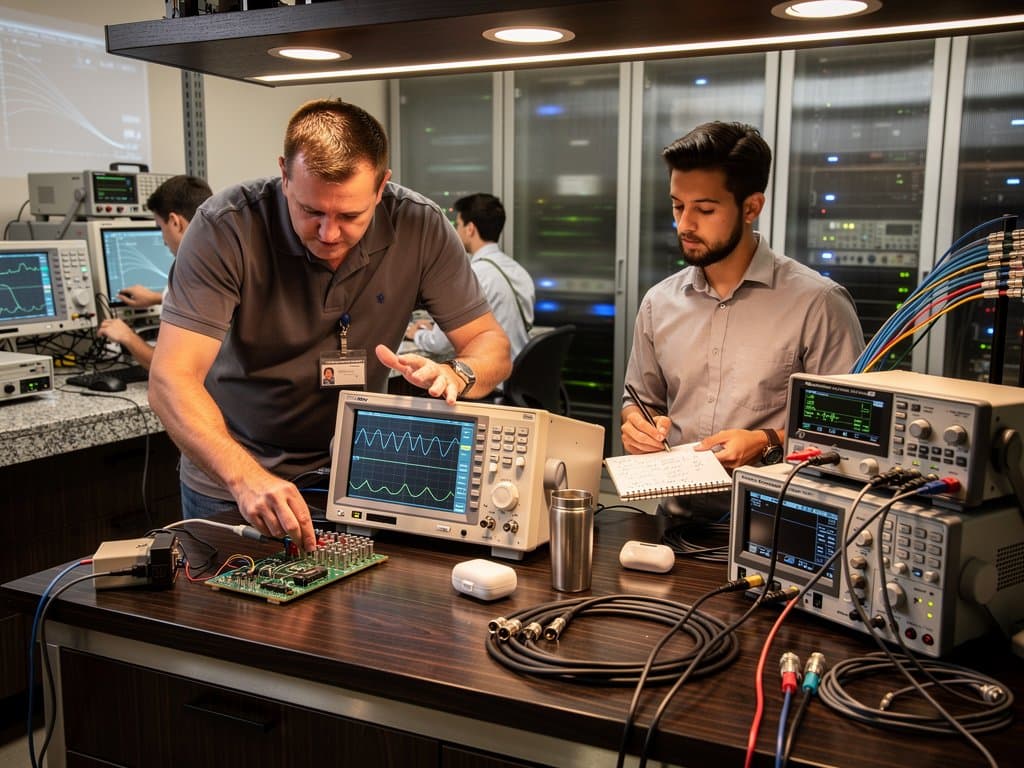 Electronics lab workbench with LeCroy scopes showing RC filter waveforms amid prototyping tools and server racks