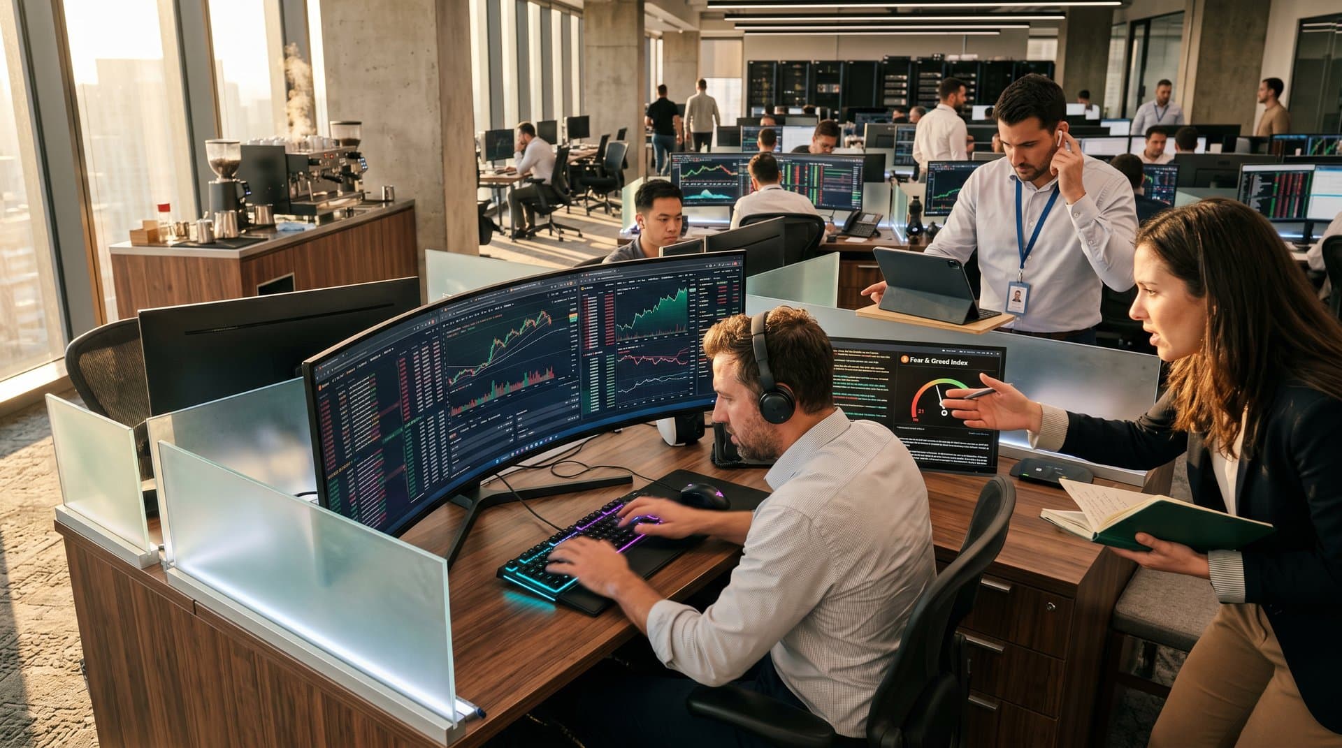 Trading desk monitors FOMC charts, BTC at $75K, KuCoin data, and Fear & Greed Index amid skyline view