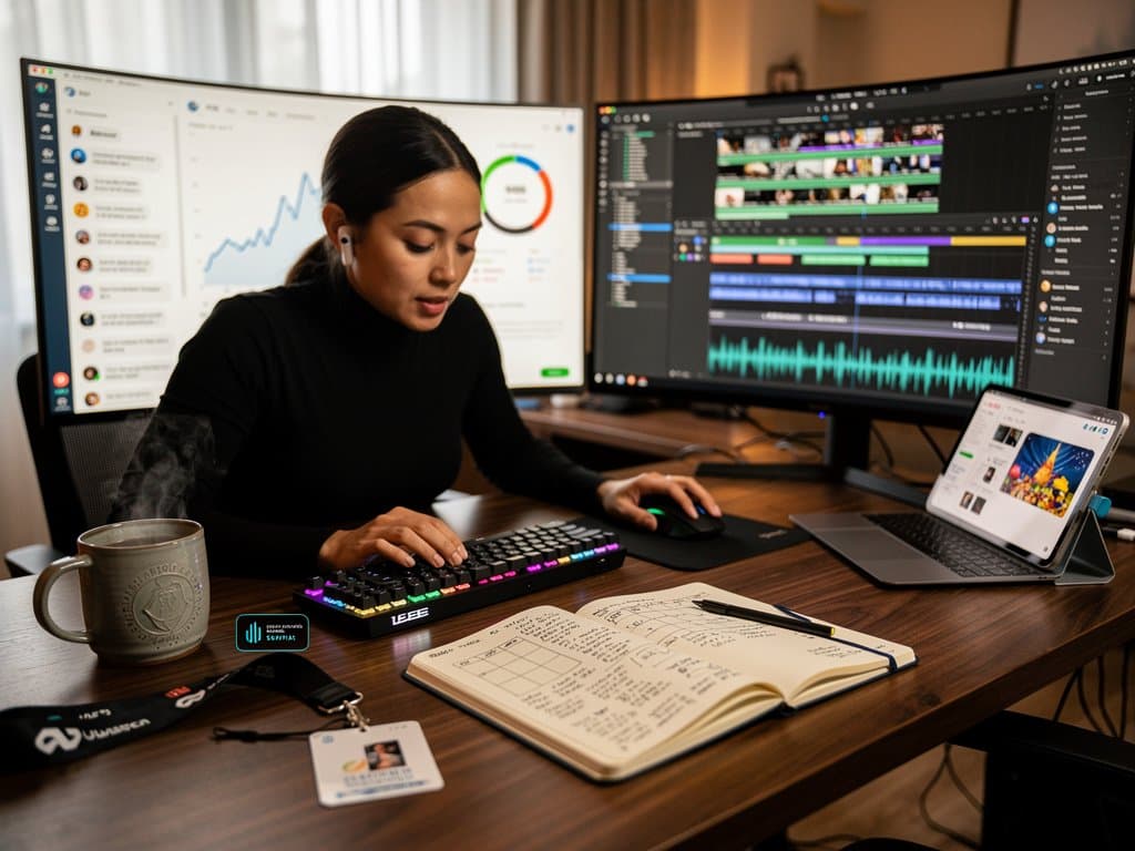 Remote creator's desk with screens showing AI productivity tools like ChatGPT, Descript, and Canva amid modern office setup