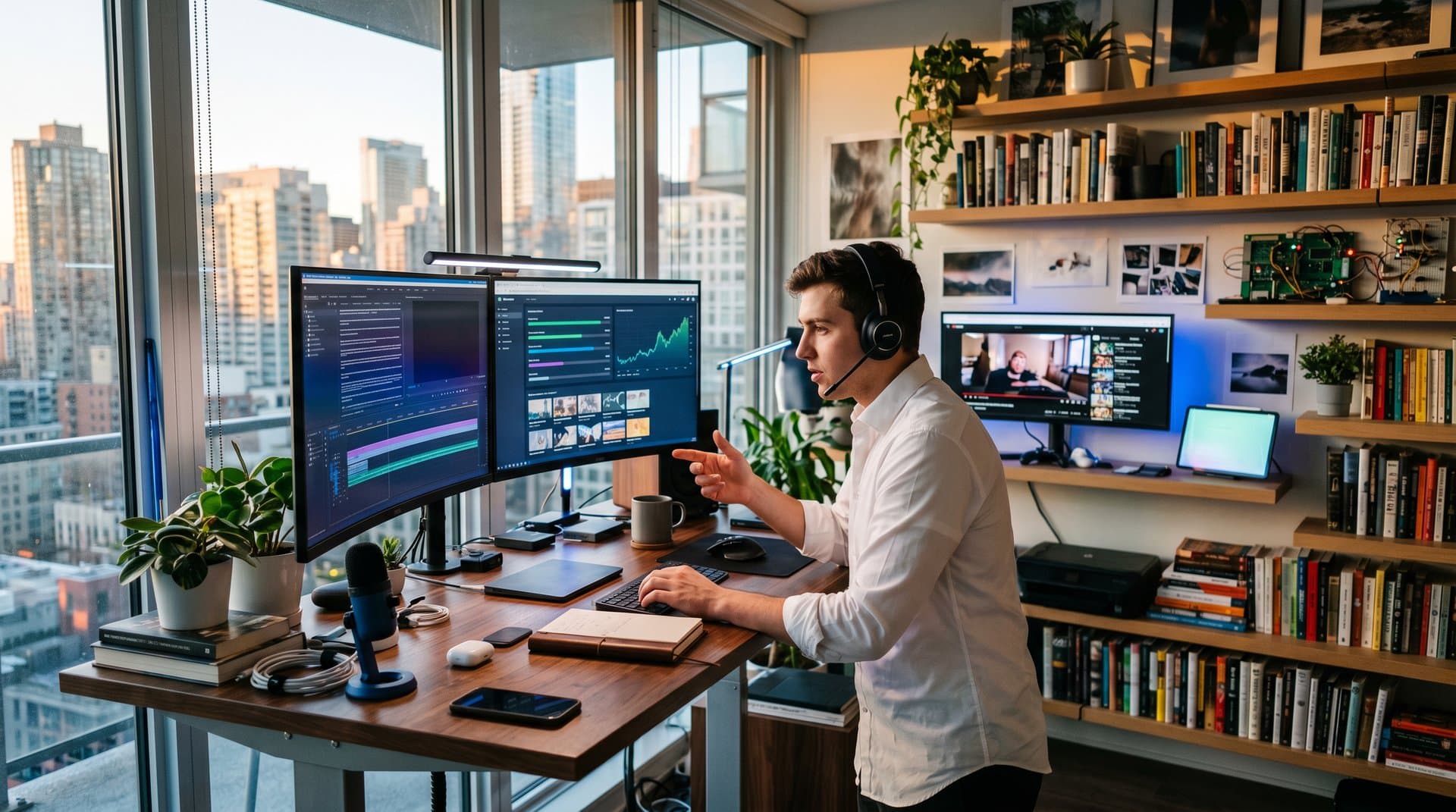 Creator desk with screens showing Descript, Runway, and Canva AI tools editing crypto content amid productive office setup. (92 chars)
