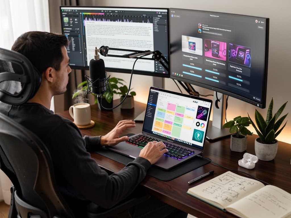 Remote creator office with monitors showing Descript, Runway ML, Notion AI, and Canva interfaces on a wooden desk with coffee mug