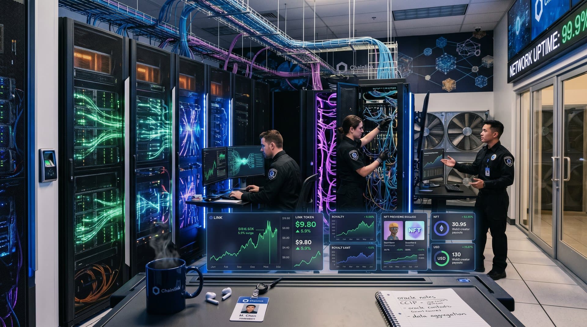 Glowing Chainlink oracle servers in secure data center with monitors showing $9.80 price surge and royalty data flows