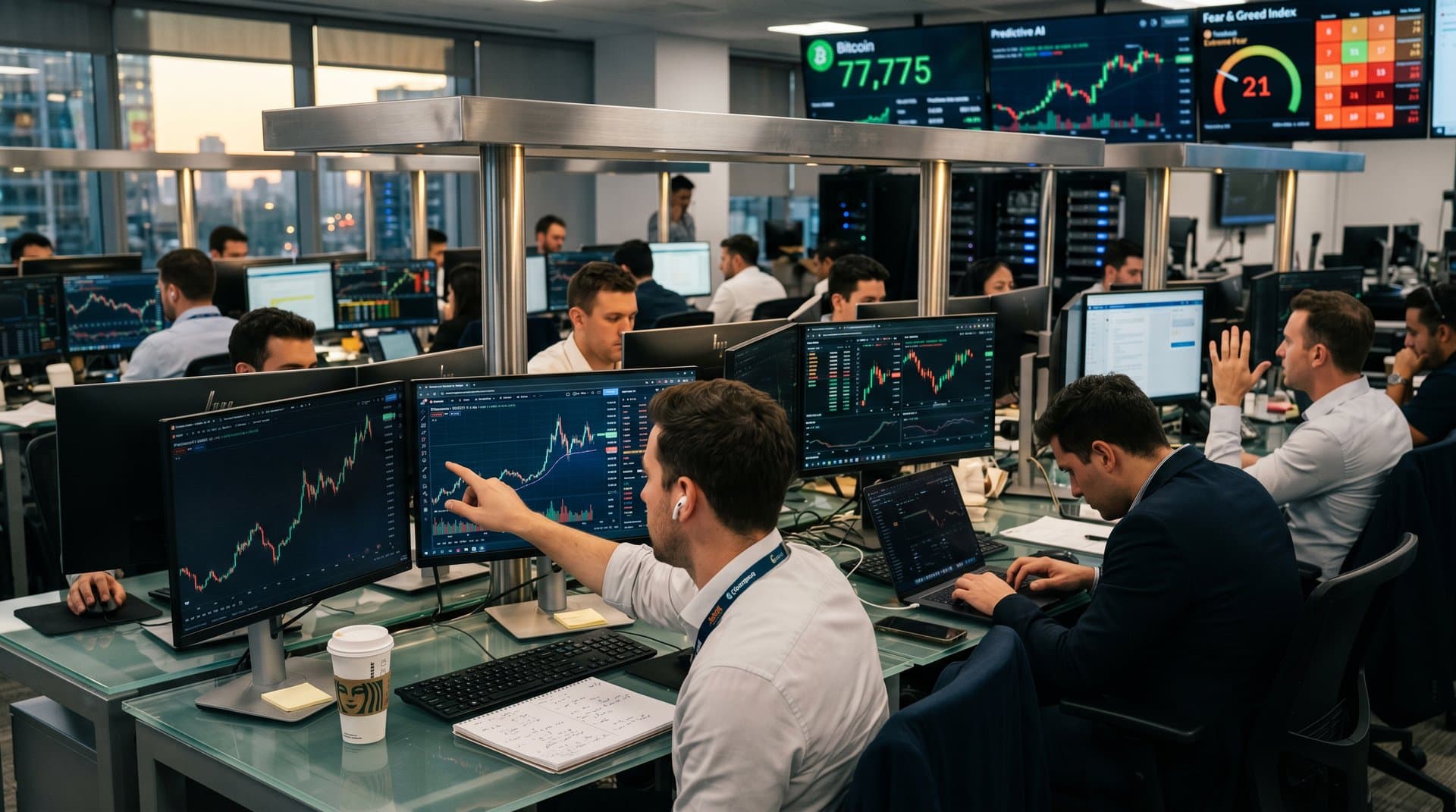 Fintech desk with monitors showing BTC charts at $77,775 USD, AI overlays, Fear & Greed Index, and creator portfolio dashboard