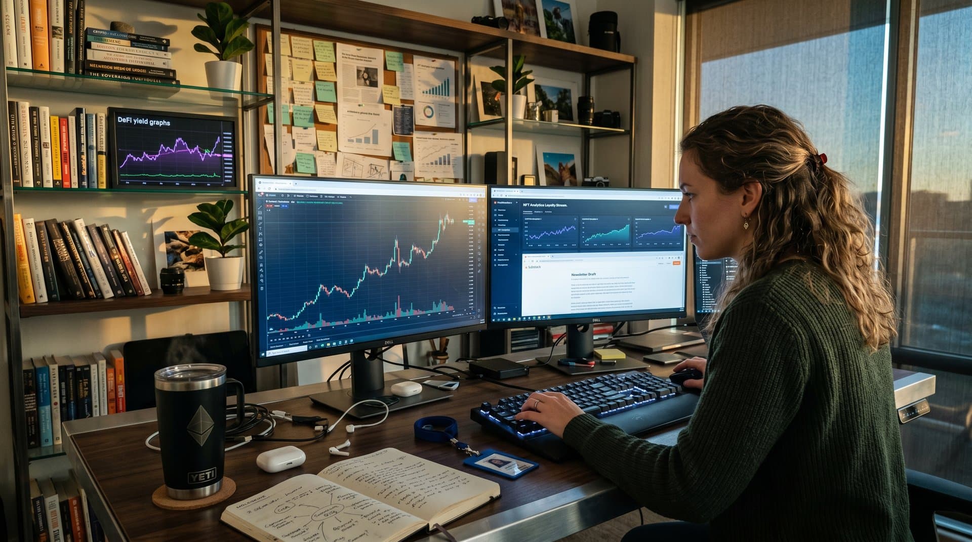 Creator's desk with Cardano charts, NFT dashboards, and newsletter tools in modern office