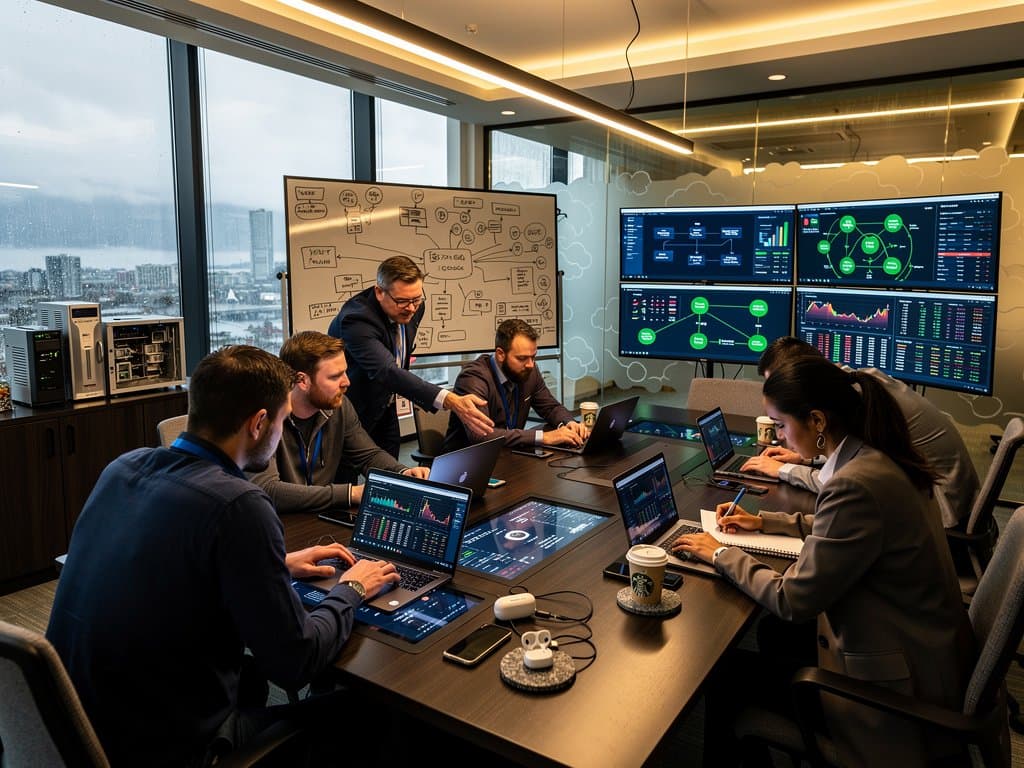 AWS conference room displays agentic AI dashboards, Bedrock consoles, and BTC charts on curved monitors in high-tech setup