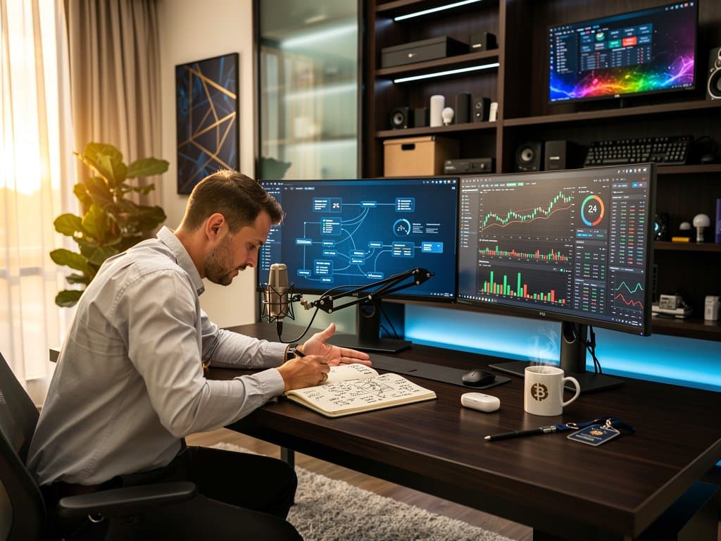 Creator desk with AWS dashboards and crypto charts in modern office setup