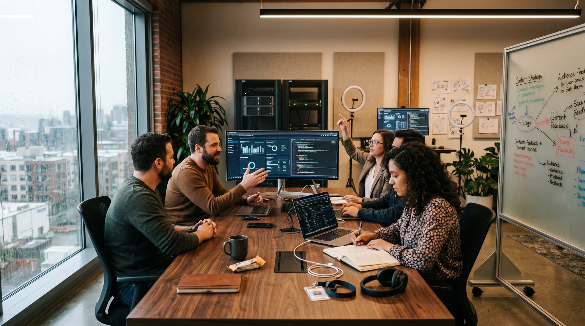 AWS lab with monitors showing agentic AI workflows, keyboards, mugs on walnut desks under natural light