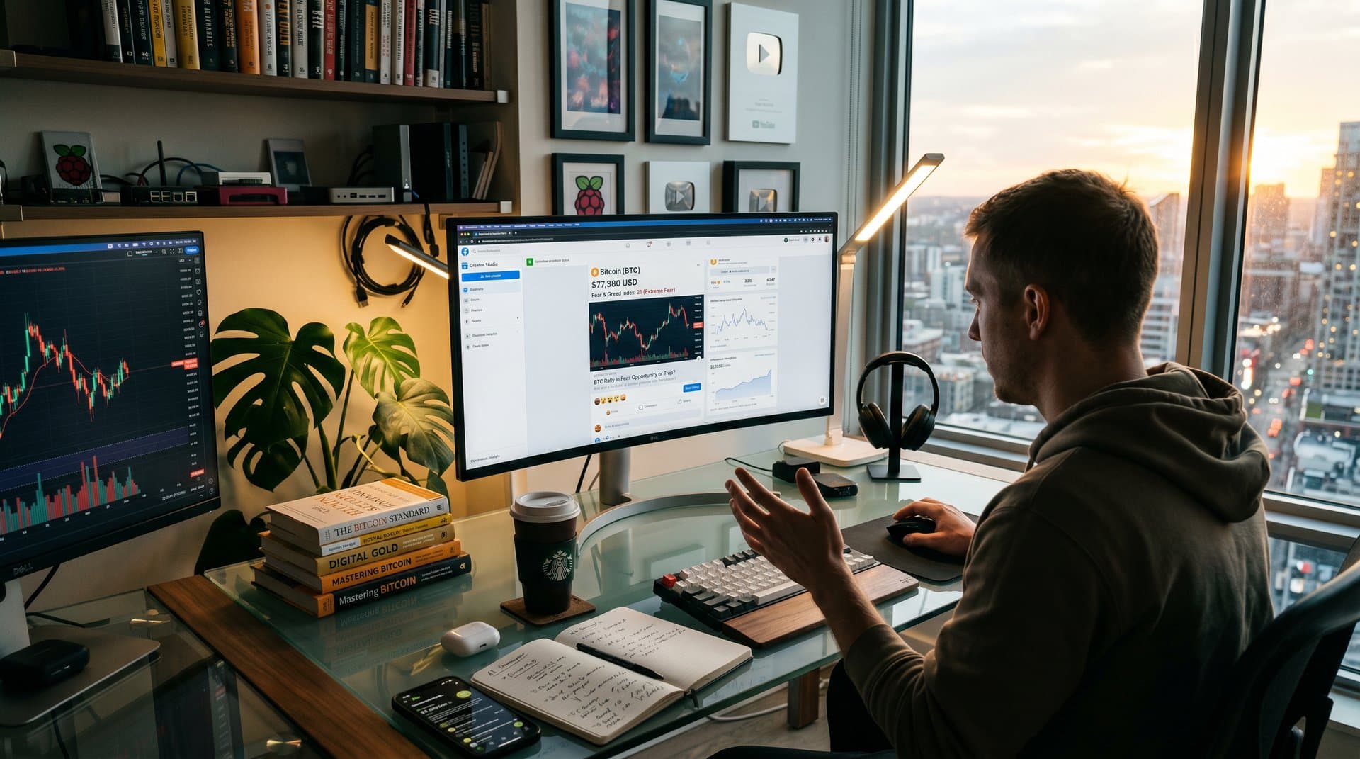 Creator uses Facebook AI post creation in Creator Studio to generate crypto update post on laptop