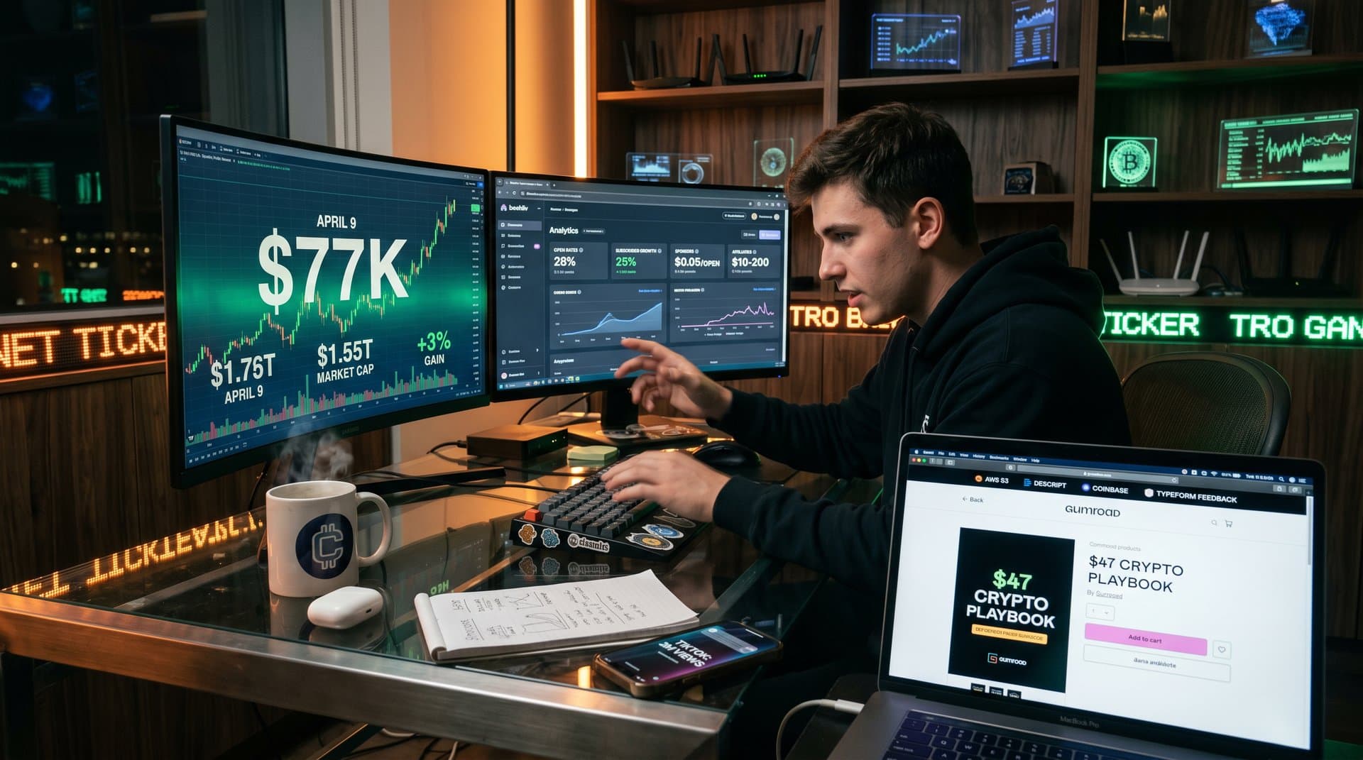 Creator desk with Bitcoin $77K chart and newsletter analytics dashboard highlighting surge-driven engagement