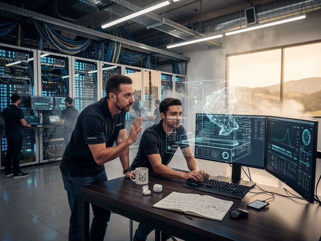 Glowing Broadcom servers and AI holograms in modern data center with crypto charts