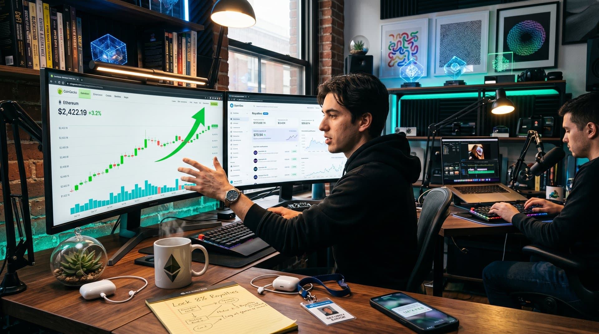 Creator dashboard shows Ethereum surge to $2,422 with NFT royalties and Web3 tools in modern workspace
