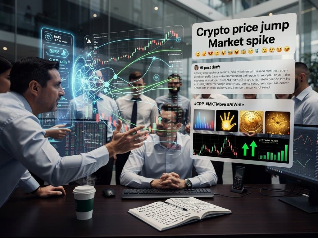 AI interface generates social media posts from prompts amid crypto charts showing BTC at $77k and neural networks