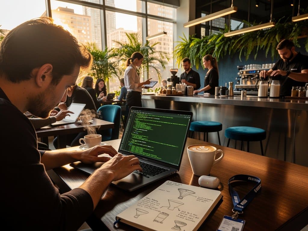 Laptop screen showing fast VM boot for content creator marketing tools in a cafe setting