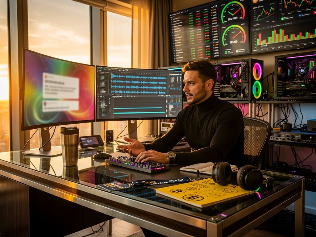 Creator desk fusing AI tools like Jasper and Descript with human notes amid BTC charts and Fear Index