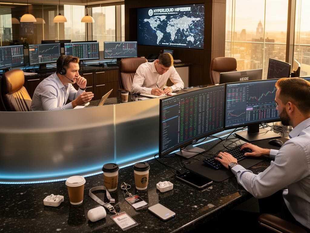 Modern trading desks with monitors showing Hyperliquid HYPE $45 charts, order books, and crypto metrics in a high-tech finance environment