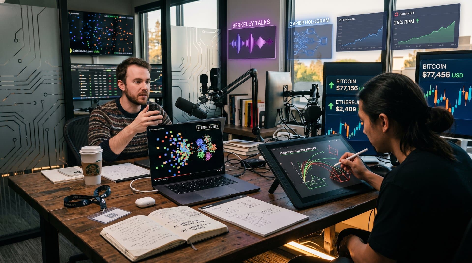 Abstract AI glitch vs intuitive sketches in creator workspace with crypto charts (72 chars)