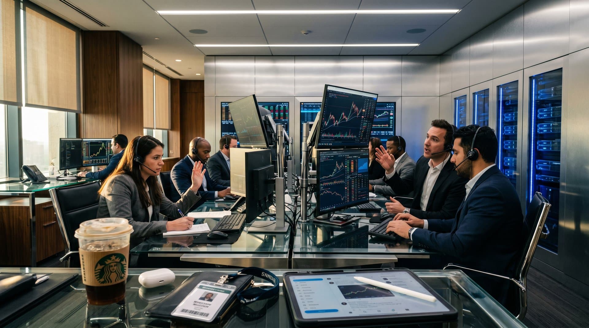 Trading screens show AI-generated crypto social posts with BTC at $77K charts and Fear & Greed at 26