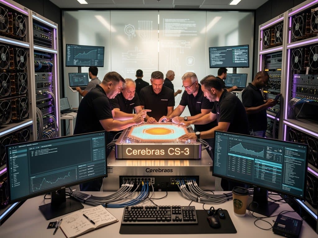 Glowing Cerebras CS-3 wafer-scale chip in data center with server racks, AI dashboards, and crypto charts