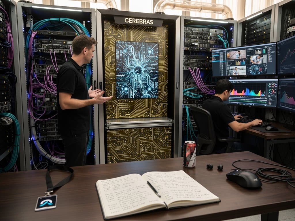 Glowing Cerebras wafer-scale AI chip in futuristic data center with holographic creator tools, server racks, cooling pipes, and performance metrics