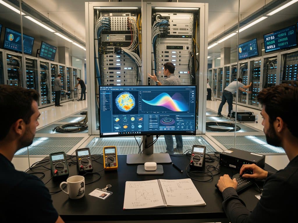 Glowing Cerebras Wafer Scale Engine server rack in data center with AI training monitors, cooling units, and stock ticker screens