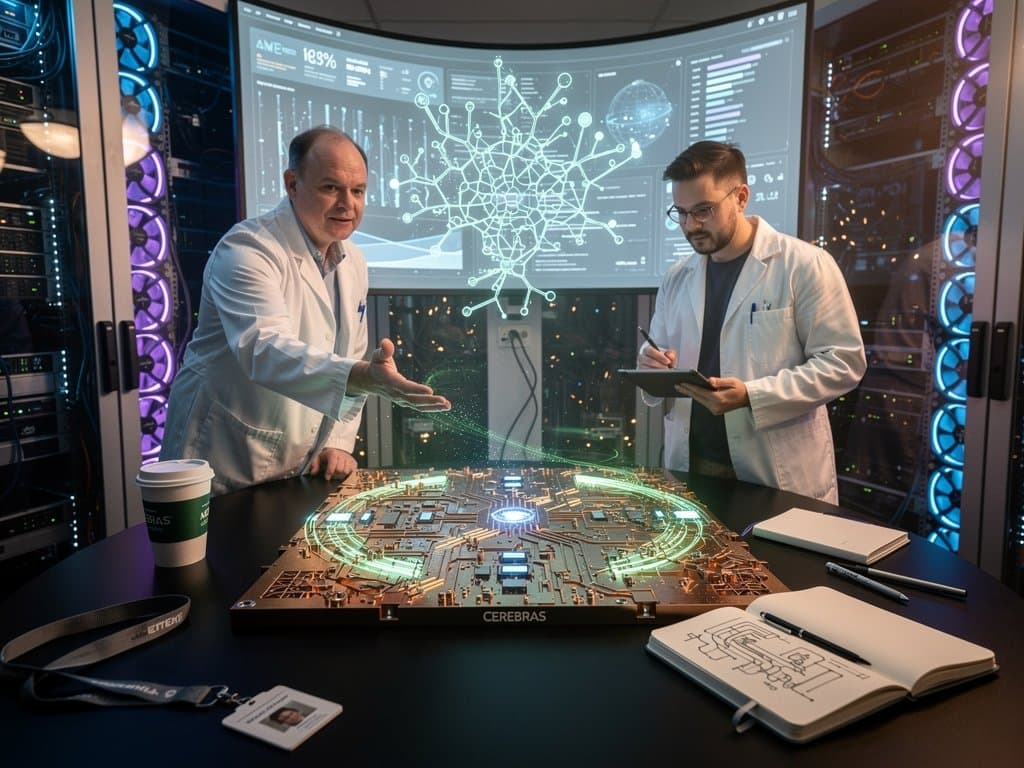 Glowing Cerebras Wafer Scale Engine AI chip with holographic AI visuals in futuristic lab setting